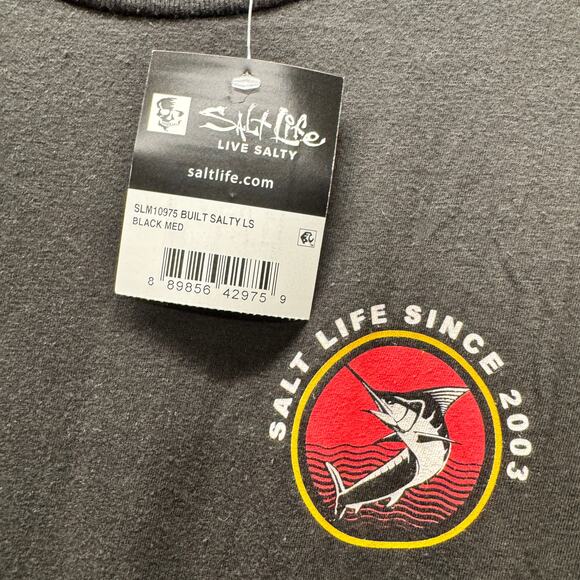 Salt Life T-Shirt Mens Medium Black Long Sleeve Spellout Sleeve Pre-Shrunk NEW - Picture 3 of 7